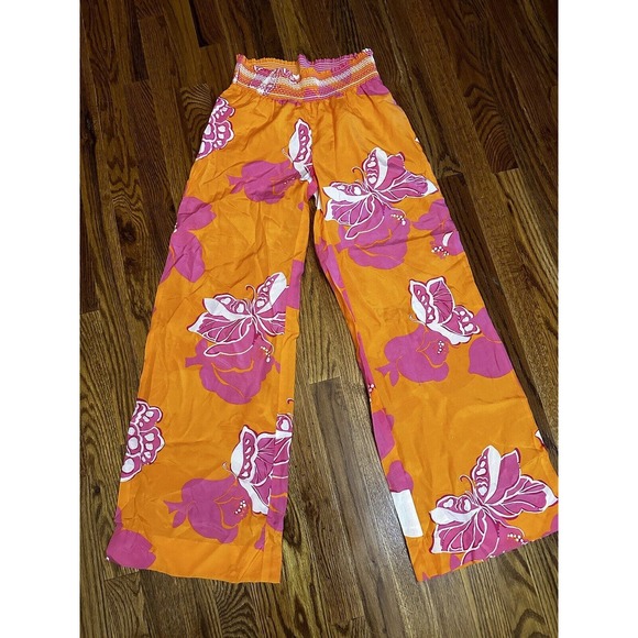 Lilly Pulitzer Pants - Lilly Pulitzer Palazzo Silk Blend Pants Orange W/ Pink White Floral Beach Cover
